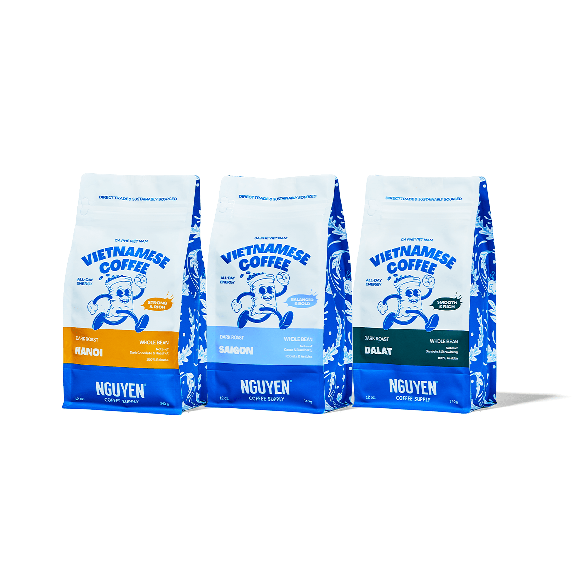Three bags of Nguyen Vietnamese Coffee dark roast, displayed side-by-side on a clean white background. The bags are white with blue graphics and text, featuring distinct flavor tabs for Hanoi, Saigon, and Dalat.