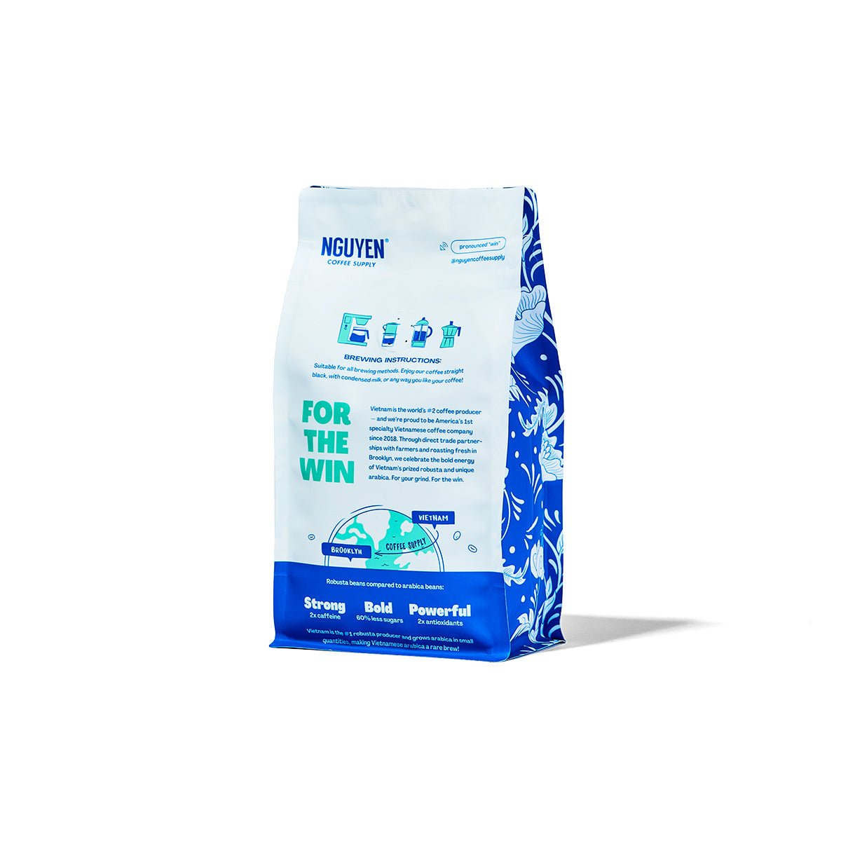 A bag of Nguyen Coffee Supply Moxy medium roast coffee beans, featuring a white and blue design with the text 'FOR THE WIN' and 'Strong Bold Powerful' on a clean white background.